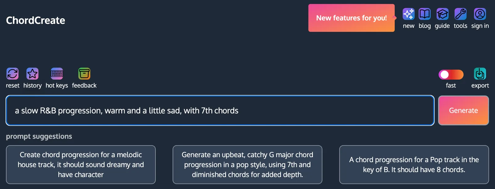 ChordCreate's chord progression generator with the prompt 'a slow R&B progression, warm and a little sad, with 7th chords' typed into the prompt box, above three prompt suggestions