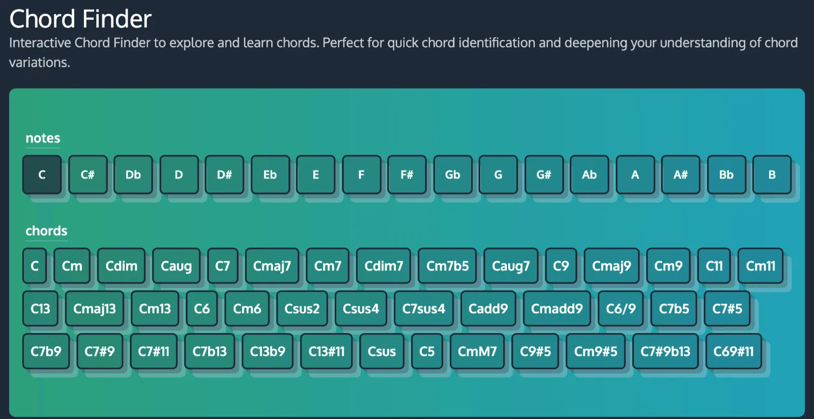 ChordCreate's Chord Finder showing every chord built on the note C