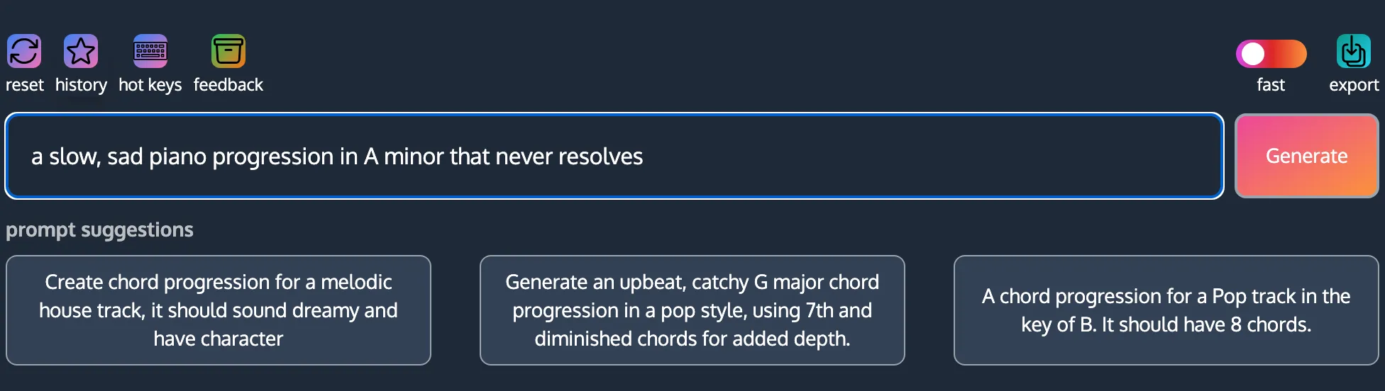 ChordCreate generating a slow, sad piano progression in A minor from a text prompt