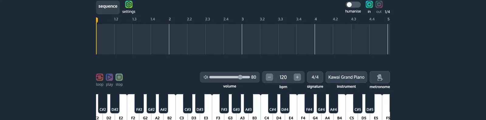 The ChordCreate sequencer with transport, instrument and tempo controls