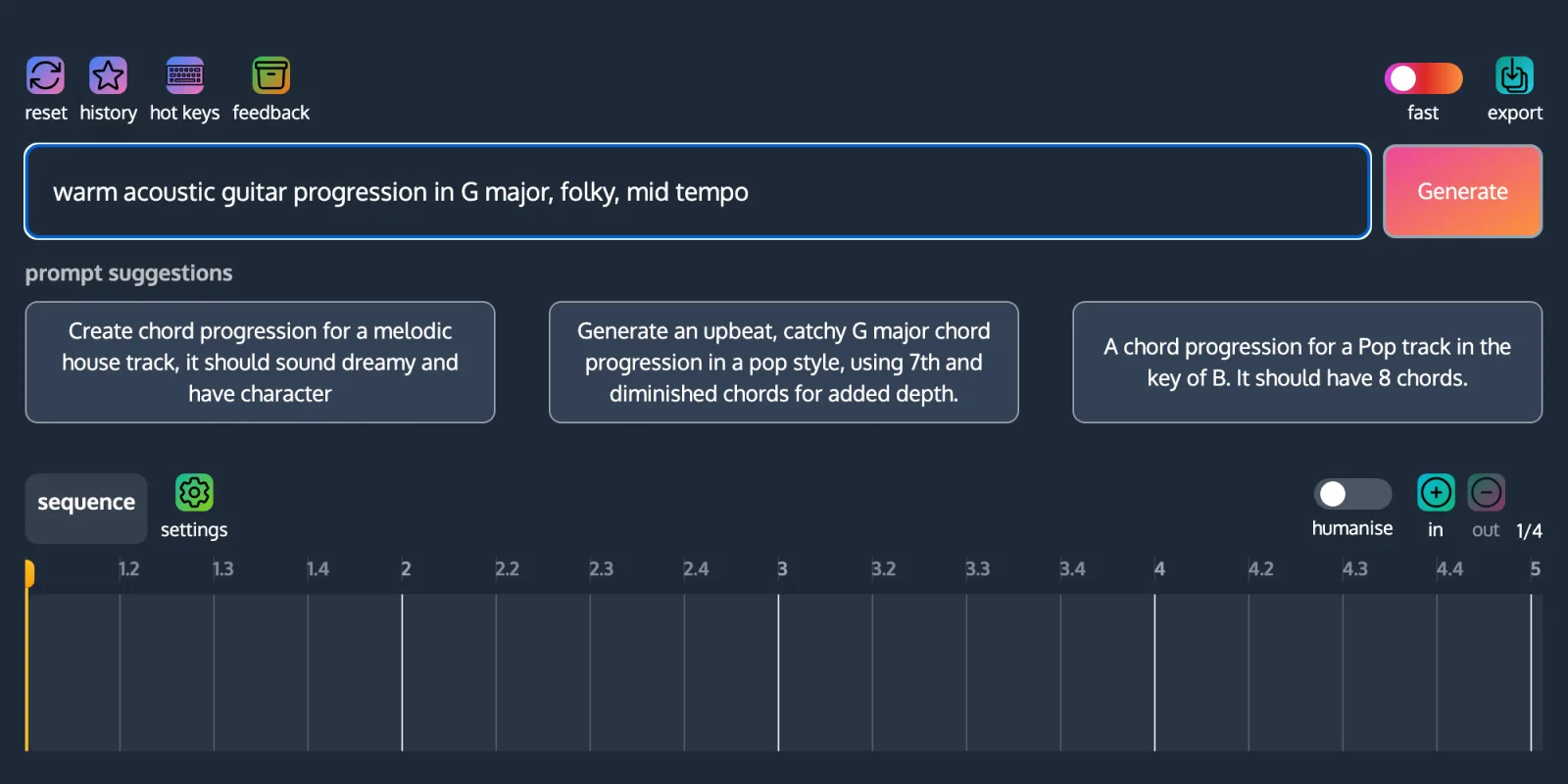 ChordCreate's generator with a prompt asking for a warm acoustic guitar progression in G major