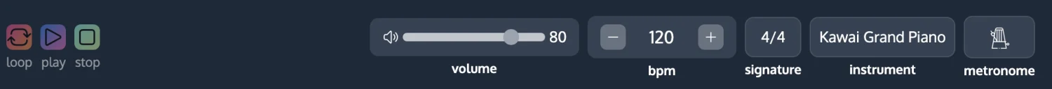ChordCreate’s playback bar showing the instrument selector set to Kawai Grand Piano, next to the tempo and time signature controls