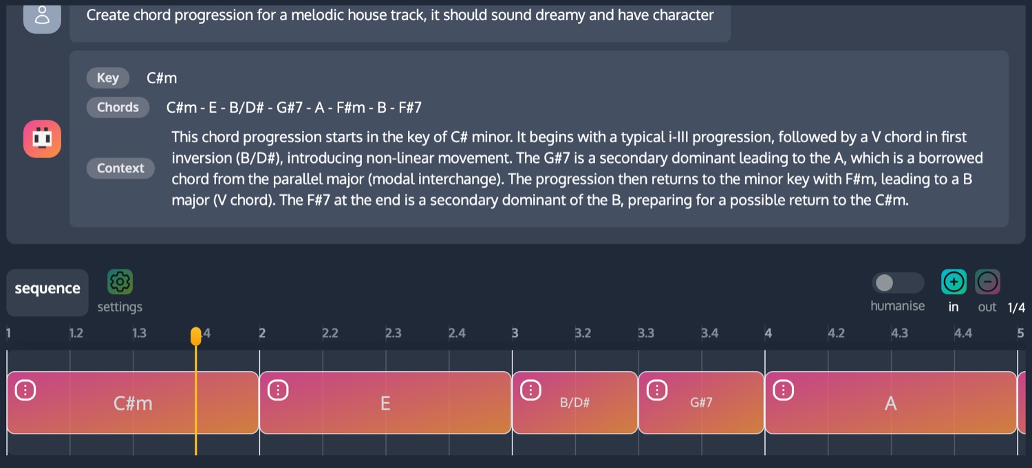 ChordCreate’s generator responding to a melodic house prompt with the key C sharp minor, the chords C sharp minor, E, B slash D sharp, G sharp 7, A, F sharp minor, B and F sharp 7, and a paragraph explaining the secondary dominants