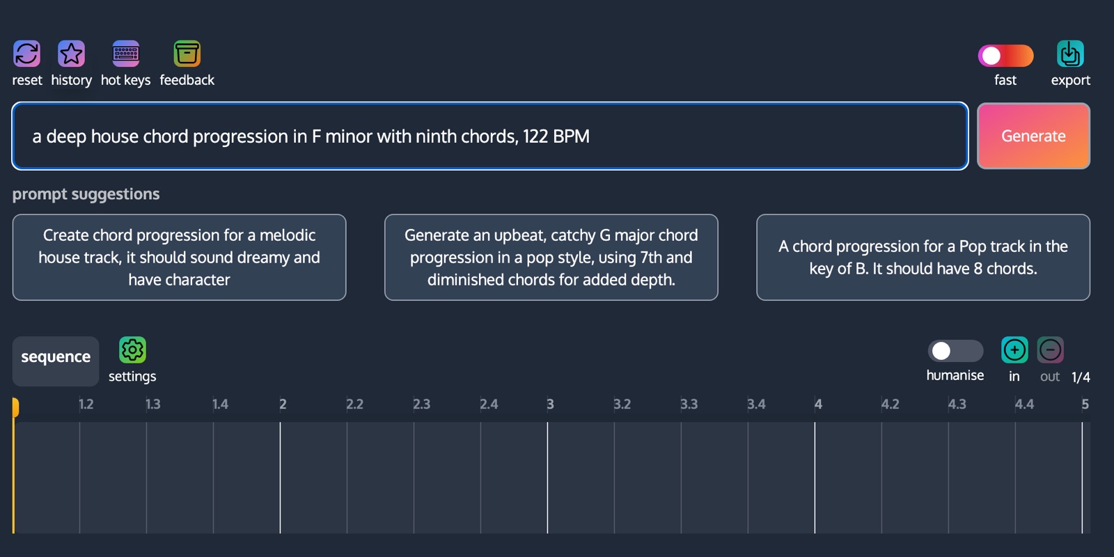 Generating house chord progressions in ChordCreate: the prompt 'a deep house chord progression in F minor with ninth chords, 122 BPM' typed into the prompt box next to the Generate button